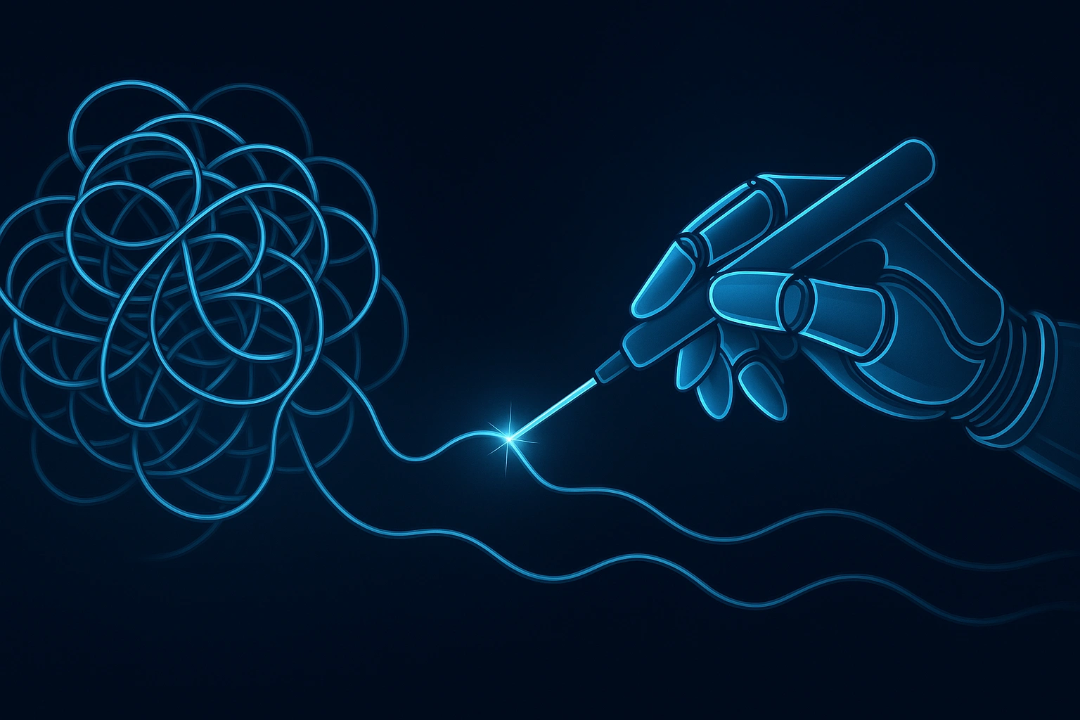 Symbolic image of a complex maze with a glowing AI-powered arrow efficiently navigating through it, representing AI solving business problems.