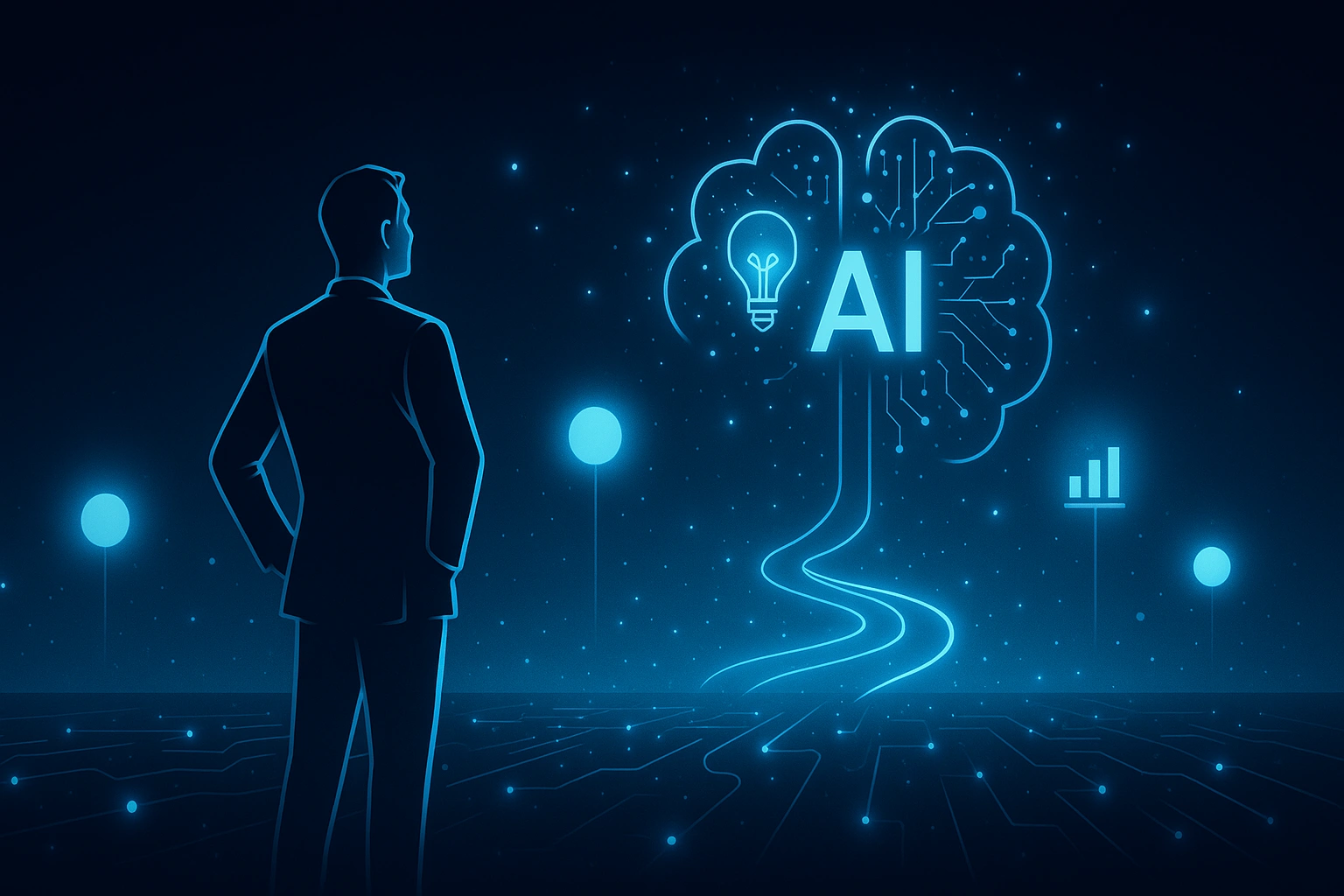 Futuristic cityscape with holographic AI interfaces and data streams, symbolizing business innovation and technological advancement.