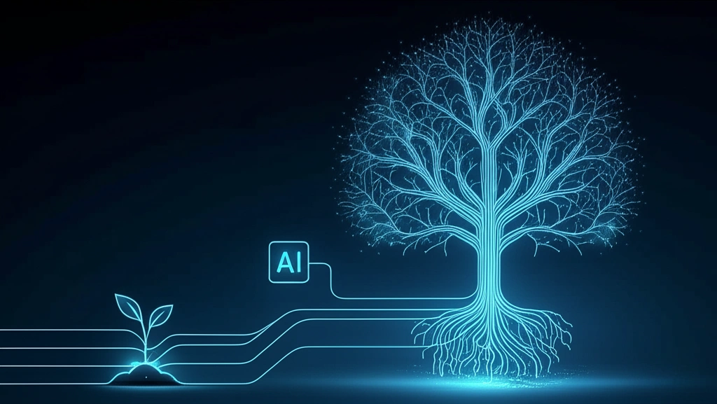 Dynamic abstract visualization of AI neural networks intertwined with growing business graphs, glowing particles, futuristic aesthetic.